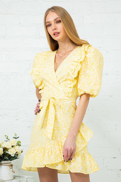 Yellow Print Woven Puff Sleeve With Tie Diress
