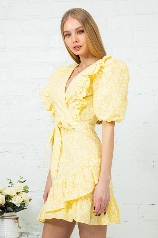 Yellow Print Woven Puff Sleeve With Tie Diress