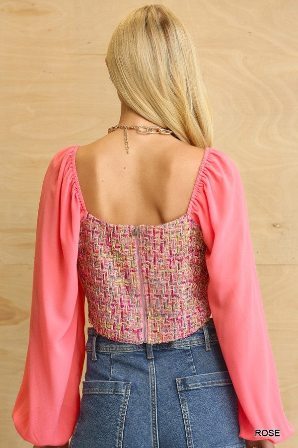 Tweed Bodice And Chiffon Square Top With Back Zipper