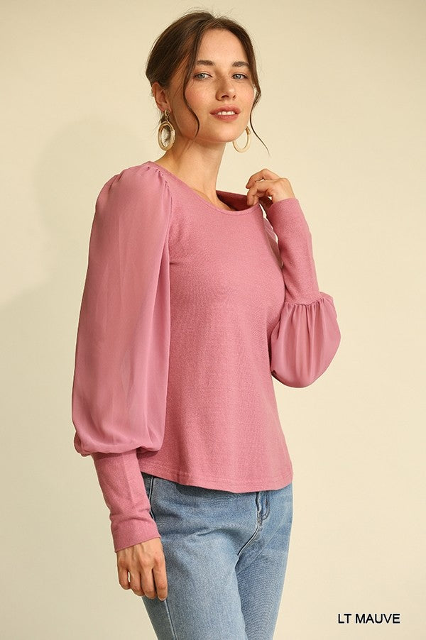 Stylish Puff Long Sleeve Top with Solid Knit and Chiffon Blend