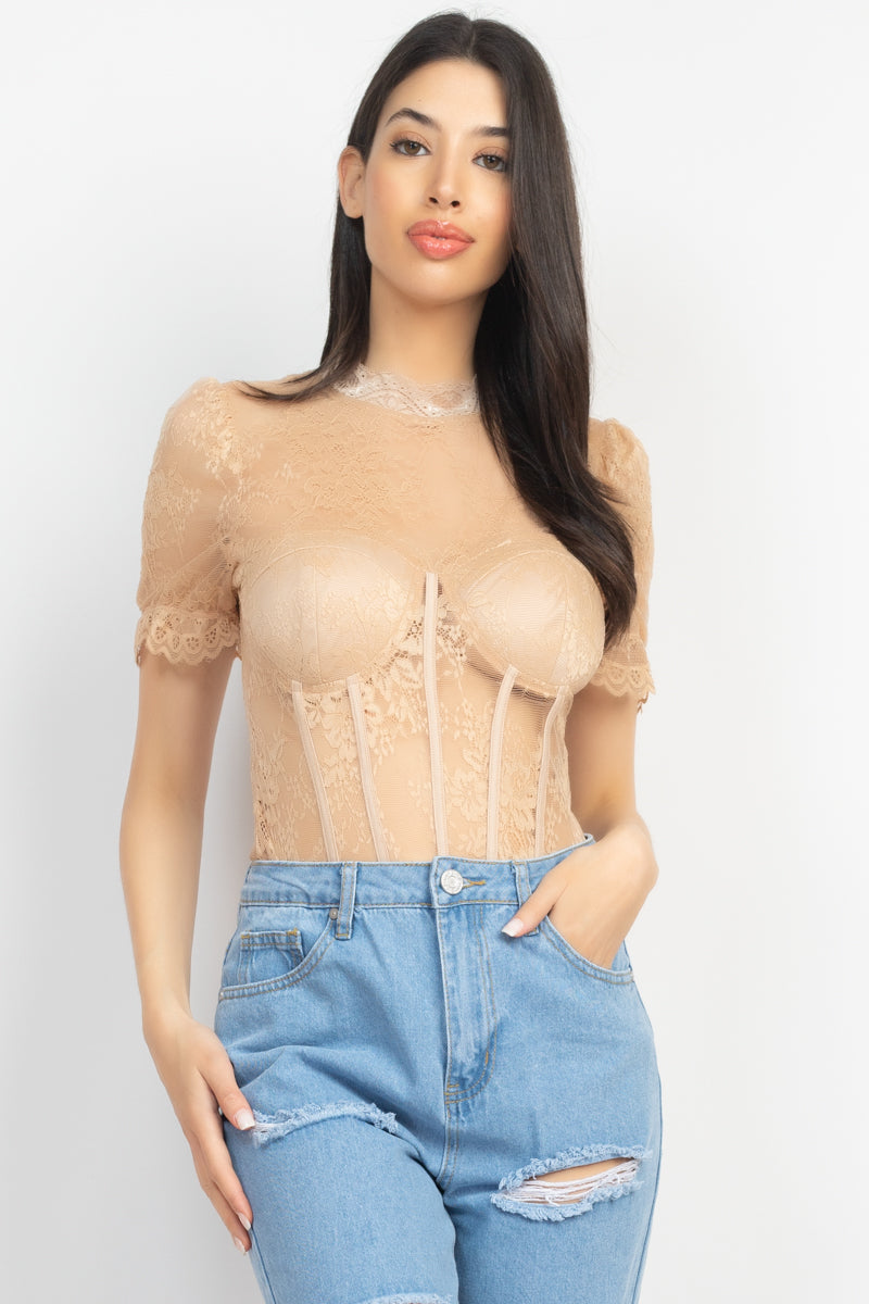 Floral Lace Corset Bodysuit with Mesh Detail and Padded Cups
