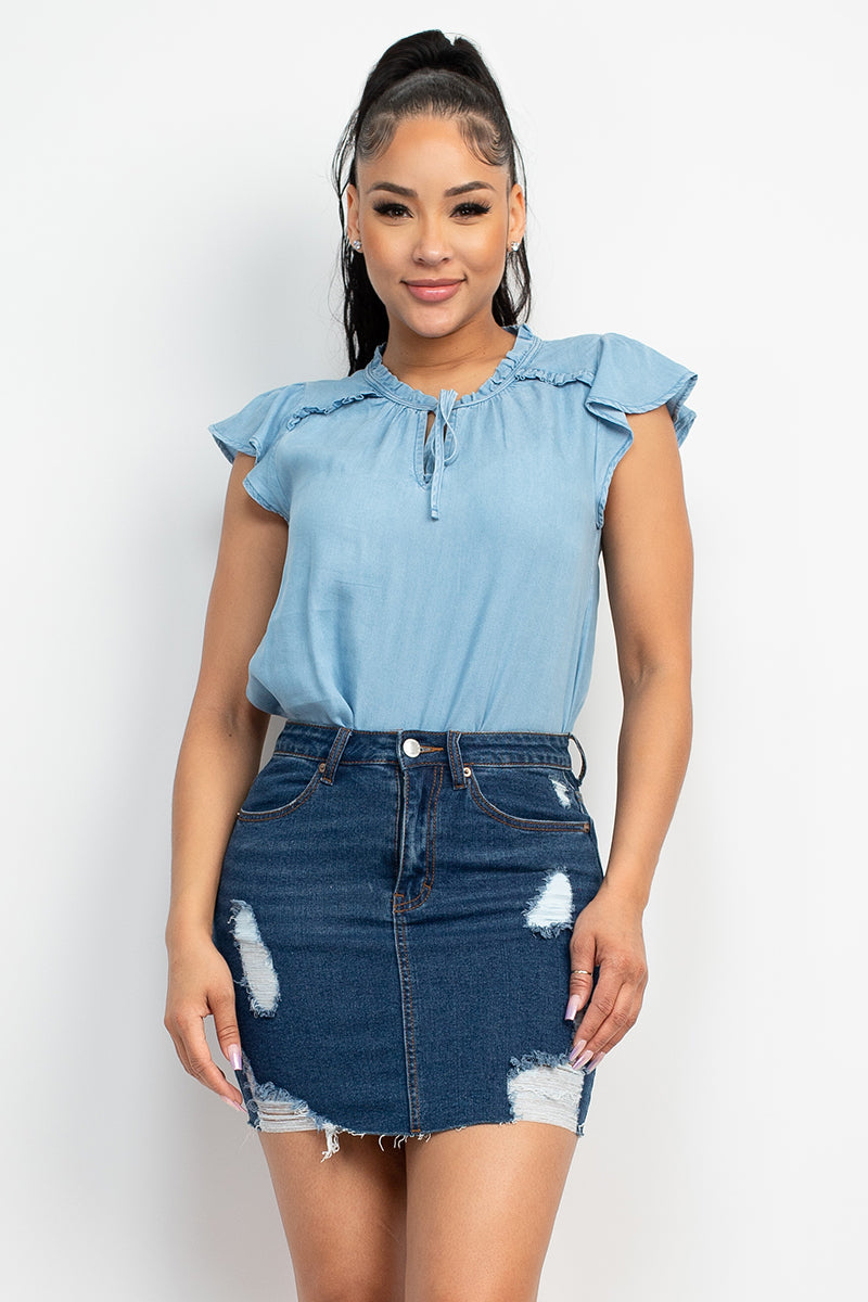 Stylish Woven Lyocell Top with Frill Sleeves and Self-Tie Detail