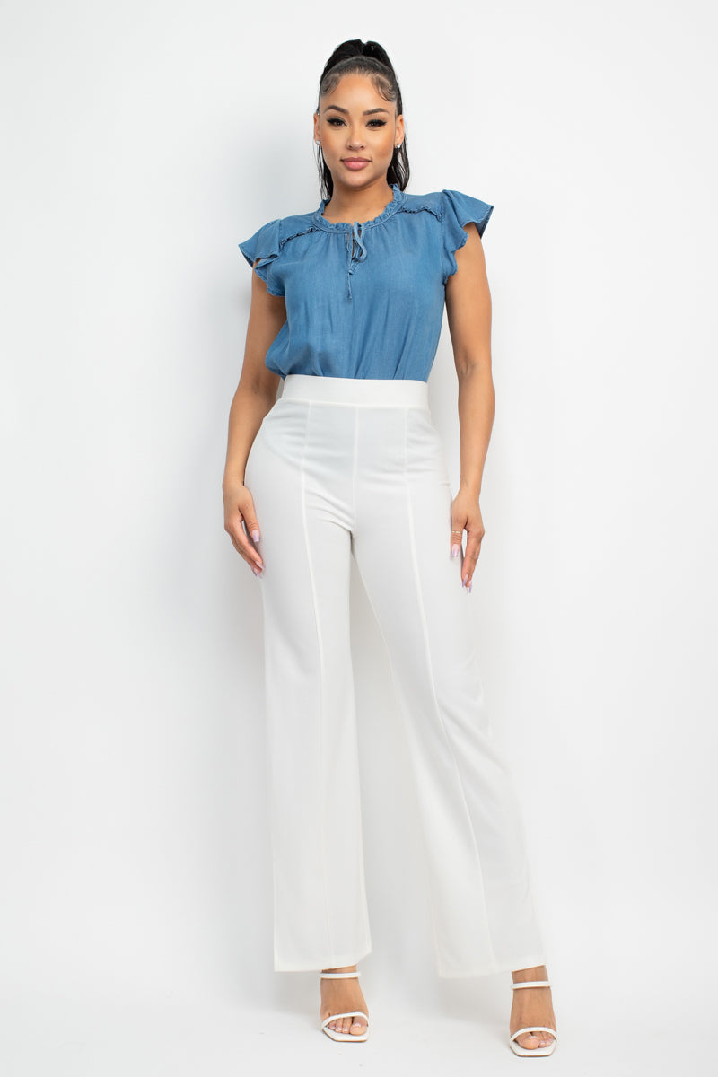 Stylish Woven Lyocell Top with Frill Sleeves and Self-Tie Detail