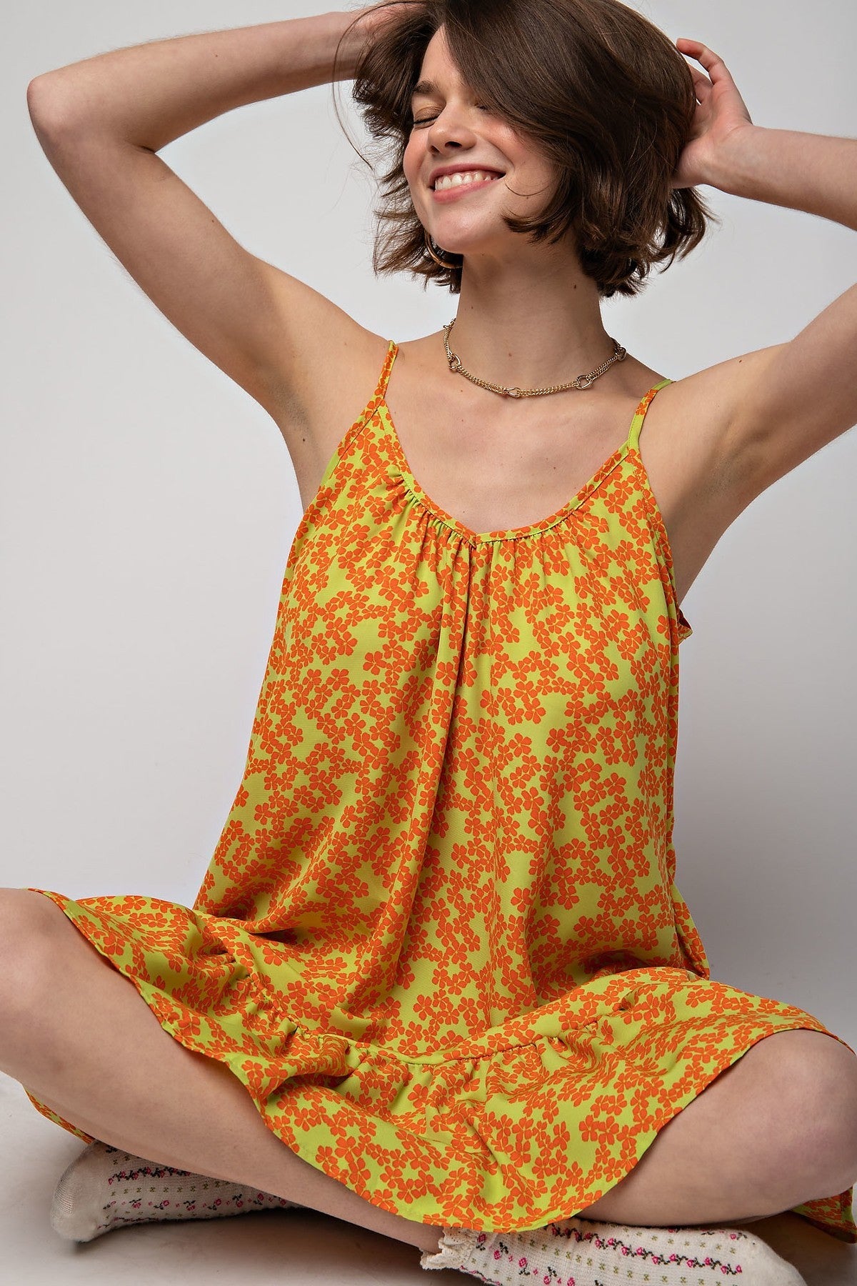 Sunny Lime Ruffled with Scoop Neckline and Spaghetti Straps Dress
