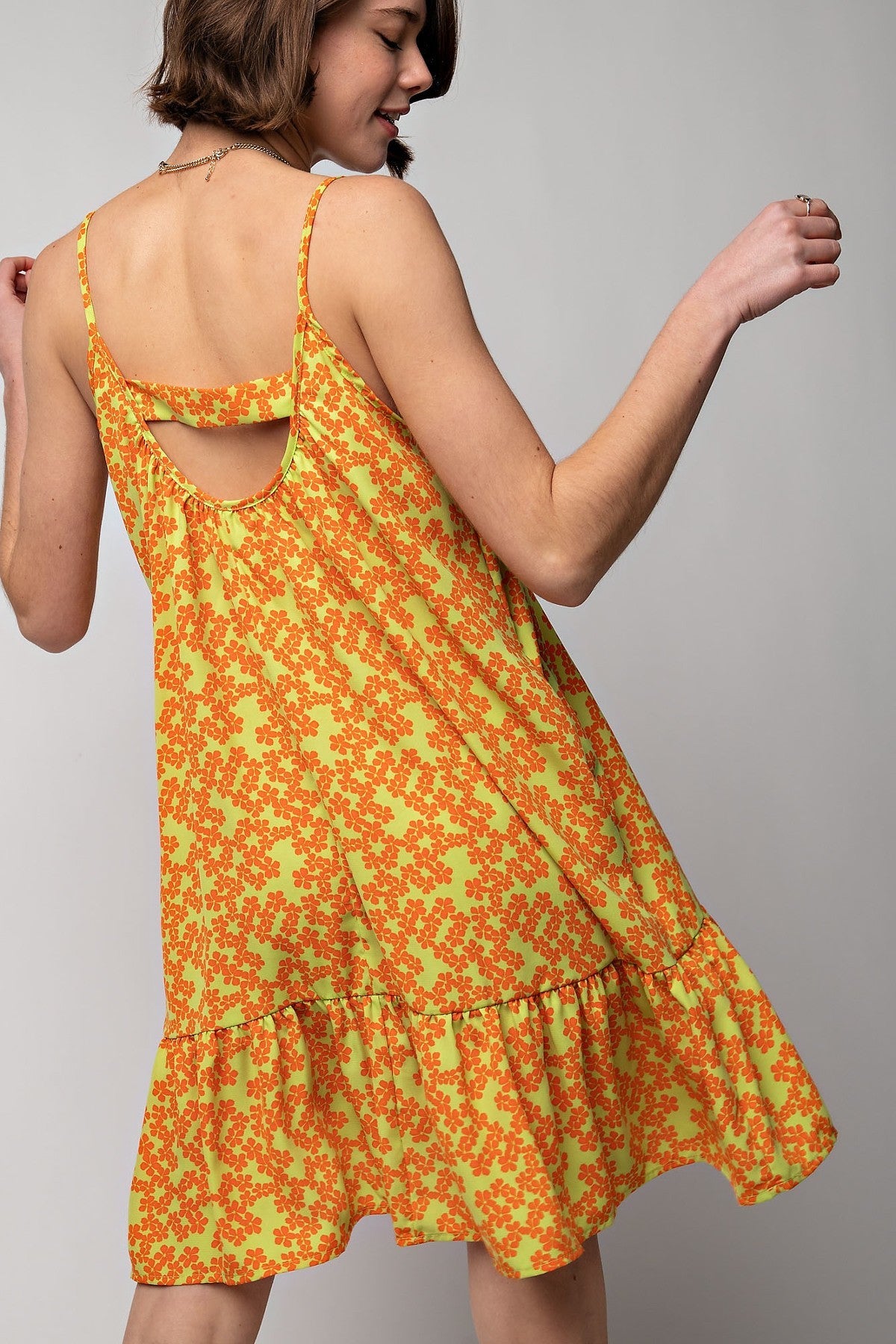 Sunny Lime Ruffled with Scoop Neckline and Spaghetti Straps Dress