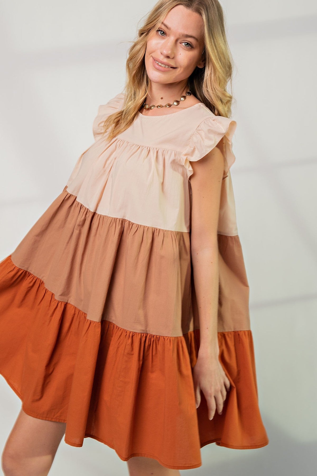 Color Block Tiered with Boat Neckline and Ruffle Sleeves Cotton Dress