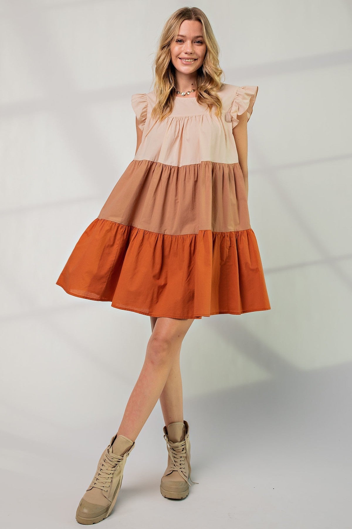 Color Block Tiered with Boat Neckline and Ruffle Sleeves Cotton Dress