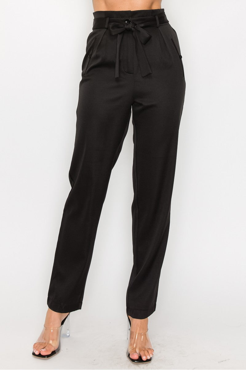 Chic Woven Pants with High-Rise Paperbag Waist and Detachable Belt Sash