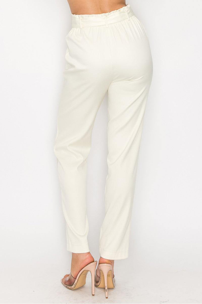 Chic Woven Pants with High-Rise Paperbag Waist and Detachable Belt Sash