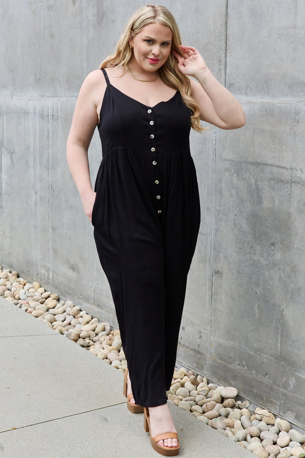 HEYSON All Day Full Size Wide Leg Button Down Jumpsuit in Black