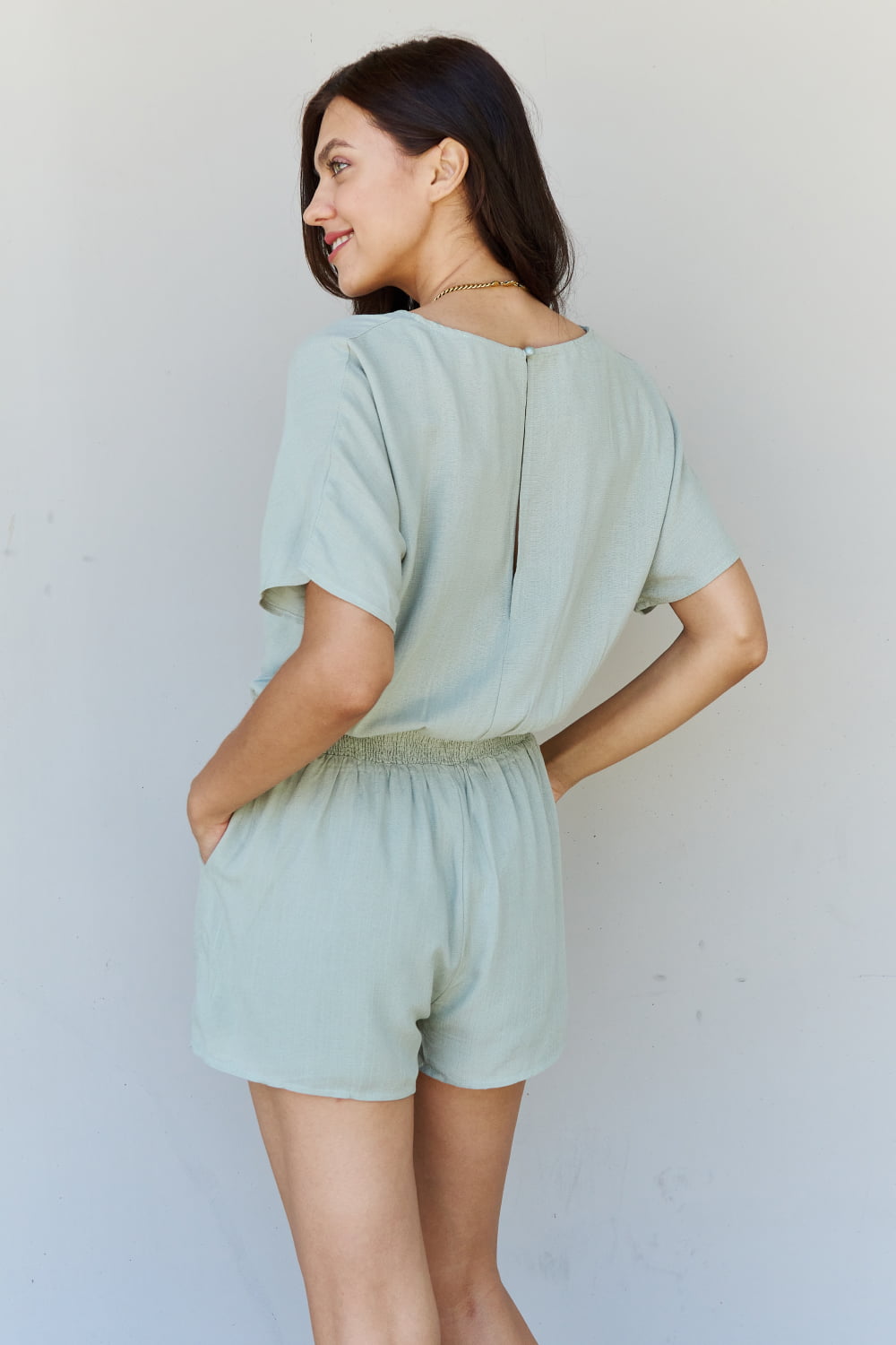 HEYSON Easy Going Front Pleated Romper in Cool Matcha